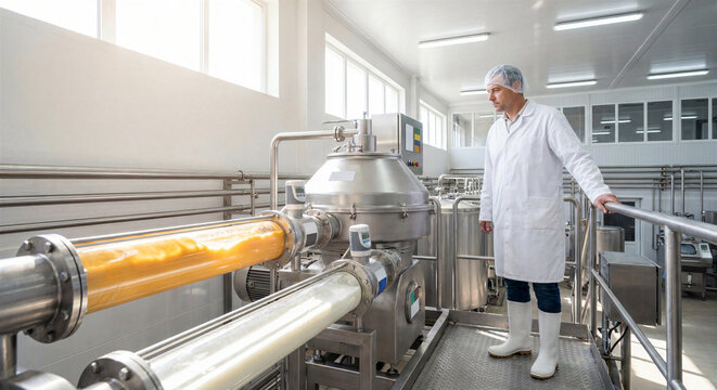 Food technician inspecting dairy processing pipeline in modern production facility