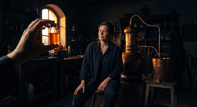 Female perfumer seated beside copper alembic still in moody distillery workshop