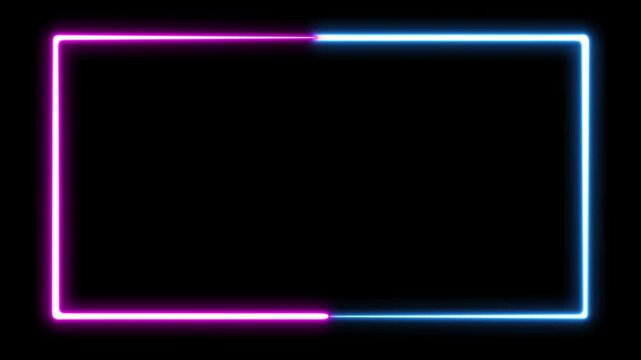 Neon glowing rectangular frame in blue and pink colors. Bright abstract neon border pulsing on transparent background. Colorful futuristic seamless looping animation.