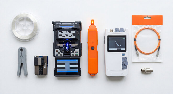 Fiber optic toolkit flatlay with fusion splicer, OTDR, and patch cable