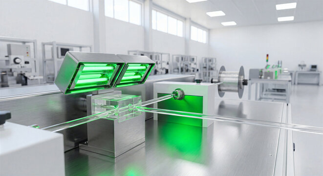 Green UV curing lamp system on industrial coating machine in clean facility