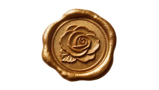 Golden wax seal with rose imprint, isolated on transparent background