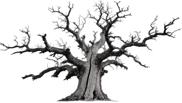 Gnarled dead ancient oak tree with twisted branches, isolated on transparent background