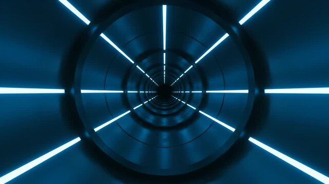 A symmetrical, futuristic tunnel rendered in shades of blue. Bright, linear light beams emanate from the circular structure's core. The perspective creates a sense of depth