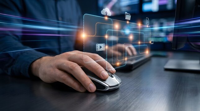 Person using computer mouse with futuristic interface, working on laptop