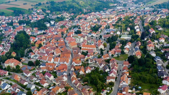 Aerial panorama view of the old town in the City Neuffen in Germany on a sunny morning in summer. 