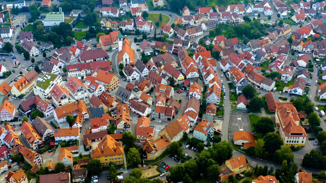 Aerial panorama view of the old town in the City Neuffen in Germany on a sunny morning in summer. 