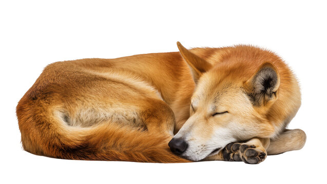 Sleeping dingo curled up on its side, isolated on transparent background