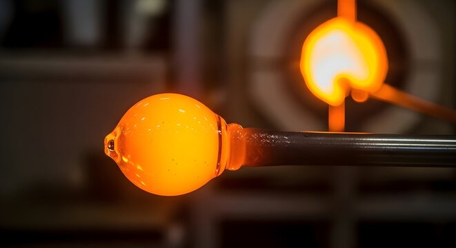 Glassblowing process with glowing molten glass on metal blowpipe