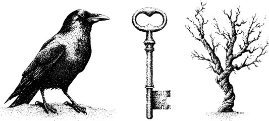 Fototapeta premium Raven standing beside key and twisted tree on white background
