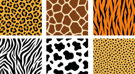 Collection of wild animal skin patterns featuring leopard spots giraffe patches zebra stripes and cow hide textures for creative projects © Firdaus
