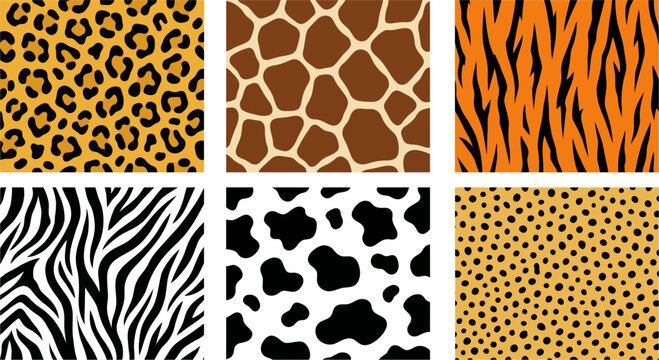 Collection of wild animal skin patterns featuring leopard spots giraffe patches zebra stripes and cow hide textures for creative projects