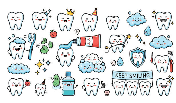 Cute cartoon teeth vector illustration with toothbrush toothpaste and foam doodles
