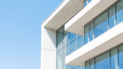 Obraz premium Close up of a modern corporate office building with concrete balconies and glass windows under a clear blue sky.