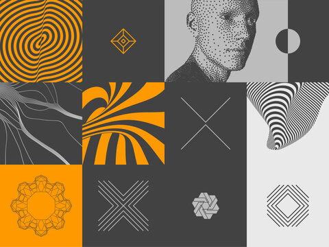 A human head composed of dots. Digital face. Creative thinking. A professional designer selects elements. The creative thinking of the creator. Vector.