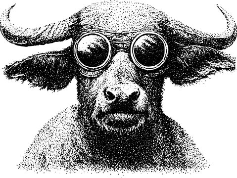 Buffalo wearing round goggles facing forward on white background