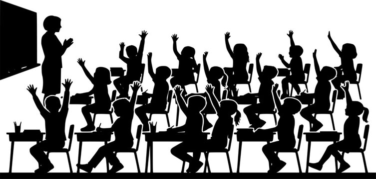 Children raising hands in classroom silhouette
