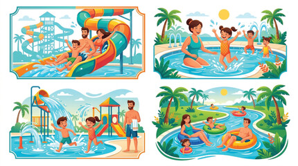 Obraz premium Water park family vacation illustrations, set of 4 summer aquapark scenes with slides and pools, happy people enjoying outdoor swimming activities