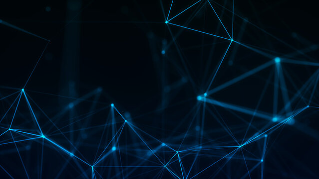 An abstract digital network of glowing nodes and connecting lines. Technological context. Network connection structure. Intertwined effect. 3D render.