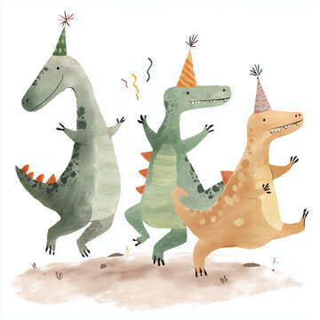 Niedliche Aquarell-Dinosaurier mit Partyh&uuml;ten &ndash; verspielte Kinderillustration f&uuml;r Geburtstag, Babyzimmer, Einladungskarten und fr&ouml;hliche Dino-Party mit Copyspace