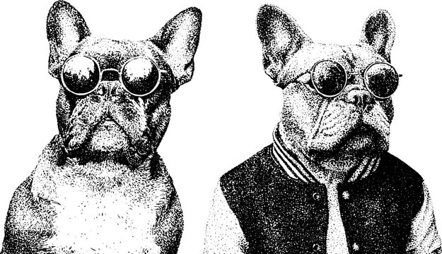 Two french bulldogs wearing sunglasses side by side portrait