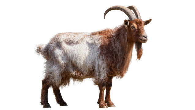 Brown and white shaggy goat with curved horns, isolated on transparent background