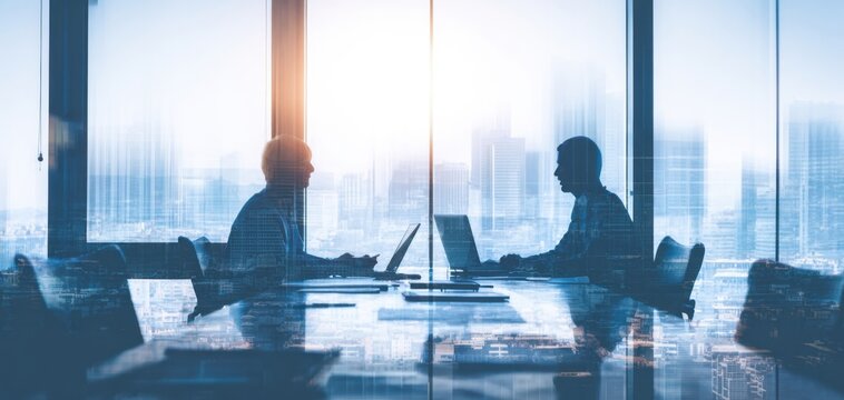 The Business Meeting of Two Professionals in a Modern Glass Conference Room at Sunrise