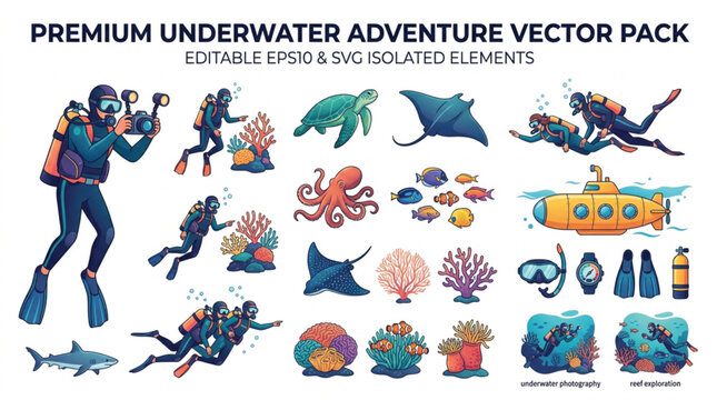 Premium underwater adventure vector pack, scuba diver and marine life collection, sea animals and diving equipment elements, isolated ocean exploration set