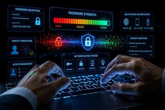 Password strength meter and multi factor authentication interface on glowing laptop keyboard screen