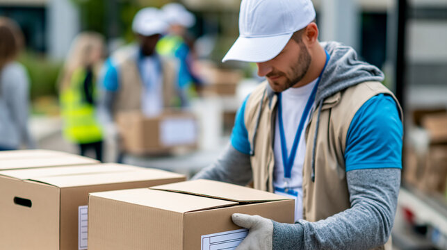 Rear view of volunteers at a refugee assistance center unloading donated food boxes for distribution, refugee aid logistics concept, donation unloading photography, humanitarian