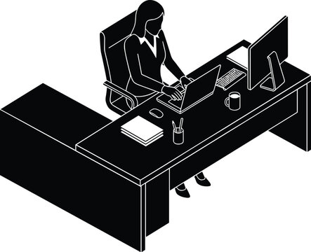 Black isometric silhouette of a business woman working on a laptop at her office desk, isolated on a white background.