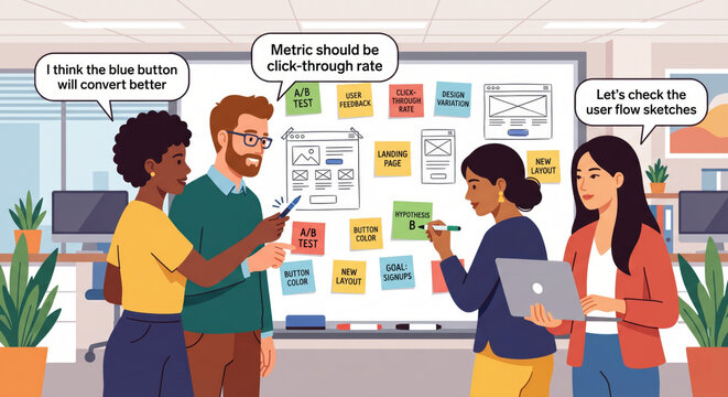 Three diverse colleagues standing at whiteboard covered in sticky notes and flowcharts discussing A/B test hypothesis and user flow variations.