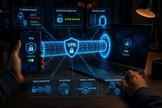 Man uses smartphone and laptop with virtual private network, vpn concept for secure internet access