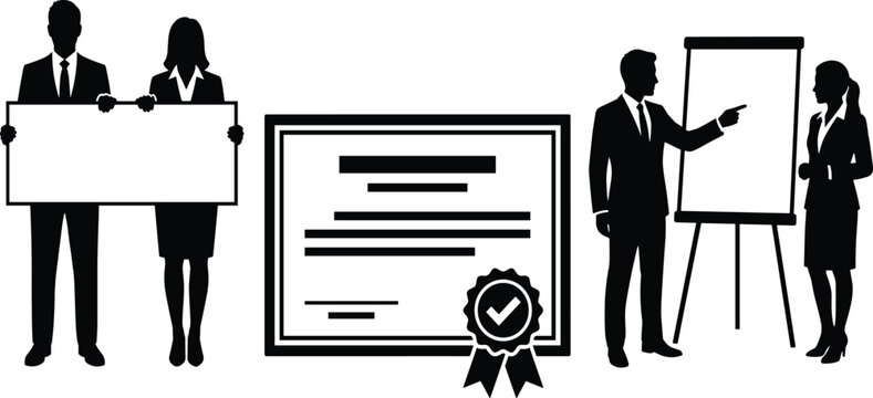 Black silhouettes of business professionals holding a blank banner, a legal certificate template, and giving an office presentation on a whiteboard, isolated on a white background.