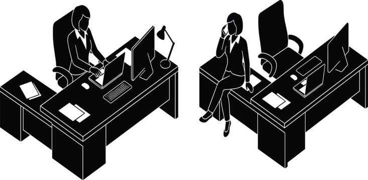 Isometric black silhouette businesswoman working at office desk with laptop computer and talking on phone at executive corporate workspace