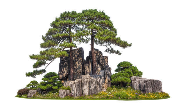 Tall pine trees growing on rugged rocks with small green bushes, isolated on transparent background