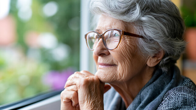 Close-up of an elderly woman looking out a nursing home window with loneliness visible, geriatric isolation concept, nursing home window photography, elder mental health