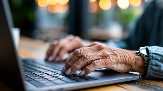 Close-up of an elderly person with a laptop representing technology misuse and vulnerability to scams, digital vulnerability concept, senior and scam photography, online safety