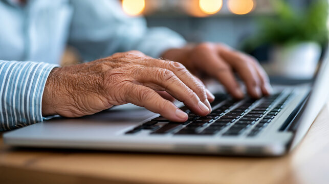 Close-up of an elderly person with a laptop representing technology misuse and vulnerability to scams, digital vulnerability concept, senior and scam photography, online safety