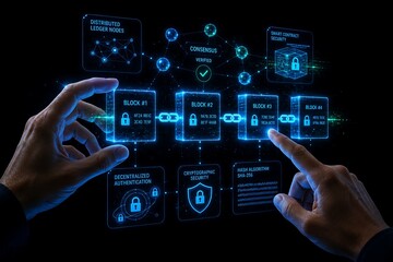 Obraz premium User hands connecting cryptographic blockchain blocks with decentralized authentication interface