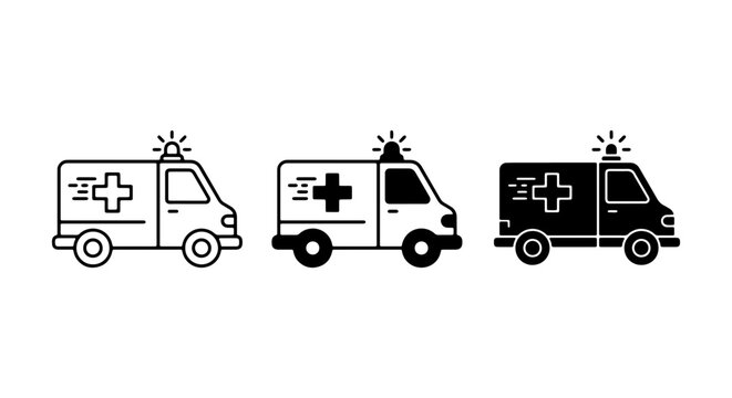 Ambulance Icons Set, Medical Emergency Vehicle Vector Graphics, Healthcare Transport Symbols