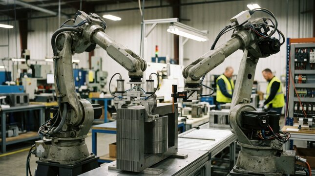 Robotic arms in a medium shot calibrate and clamp distribution transformer cores focusing on alignment accuracy to enhance electrical grid performance and safety.