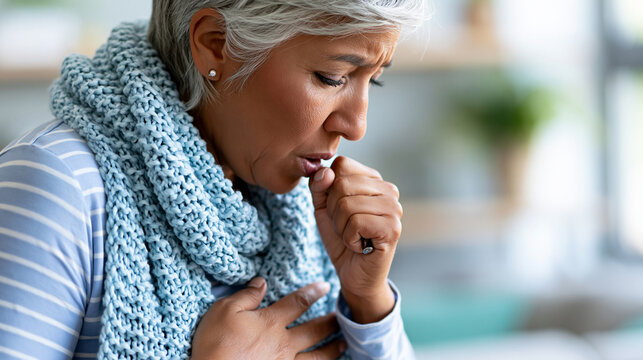 Close-up of an elderly patient coughing while holding their chest showing RSV impact on vulnerable people, respiratory illness concept, elder patient photography, vulnerable