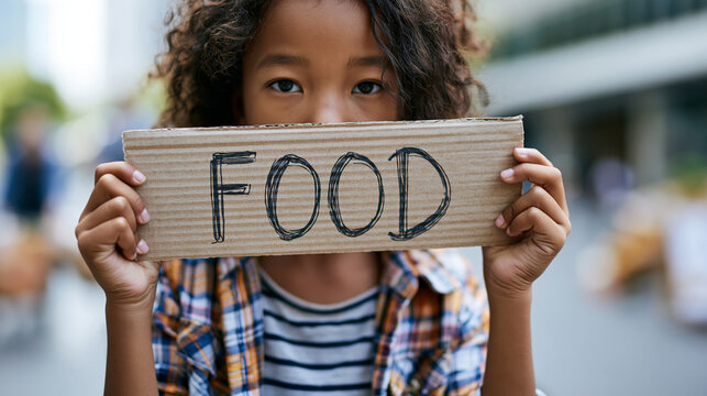Close-up of a child holding a simple sign for food in an impoverished urban setting, child food insecurity concept, hunger sign photography, poverty awareness visualization,