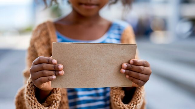 Close-up of a child holding a simple sign for food in an impoverished urban setting, child food insecurity concept, hunger sign photography, poverty awareness visualization,