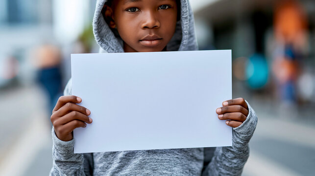 Close-up of a child holding a simple sign for food in an impoverished urban setting, child food insecurity concept, hunger sign photography, poverty awareness visualization,