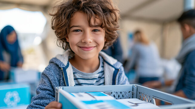 Close-up of a child with a hopeful smile receiving donated supplies in a refugee camp, hope in hardship concept, child donation photography, refugee camp aid documentation,