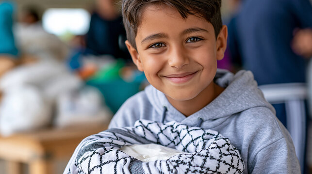 Close-up of a child with a hopeful smile receiving donated supplies in a refugee camp, hope in hardship concept, child donation photography, refugee camp aid documentation,