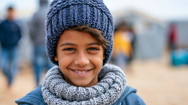 Close-up of a young child in a refugee camp with a smile despite harsh surrounding conditions, child resilience concept, refugee camp child photography, hope in hardship