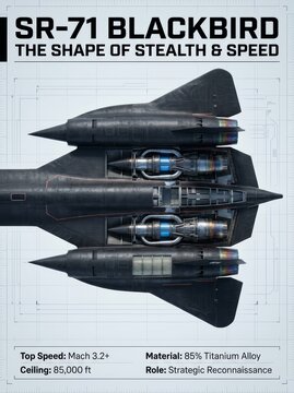 Overhead view of the SR-71 Blackbird, the ultimate stealth and speed reconnaissance jet. Features engineering details, titanium alloy, Mach 3.2+ speed.